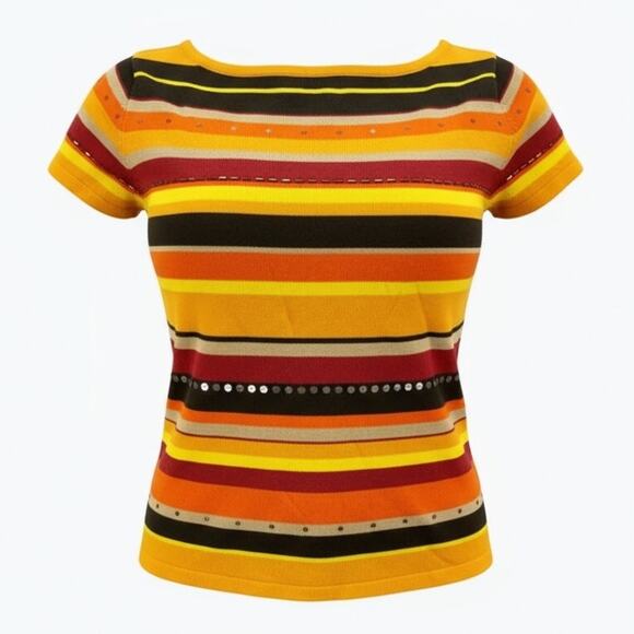 90s JOHN PAUL RICHARD Vintage Orange Striped Sequin Beaded Knit Top - Picture 1 of 7